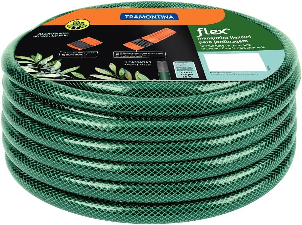 Tramontina 10m Flex Garden Hose in Green with 3-Layers PVC Fiber and Braided Polyester Cord with Thread Connectors and Sprayer