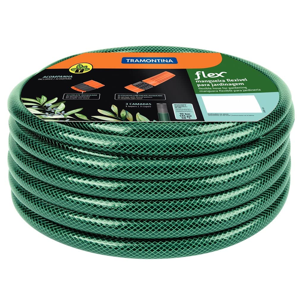 10m Flex Garden Hose in Green with 3-Layers PVC Fiber and Braided Polyester Cord with Thread Connectors and Sprayer