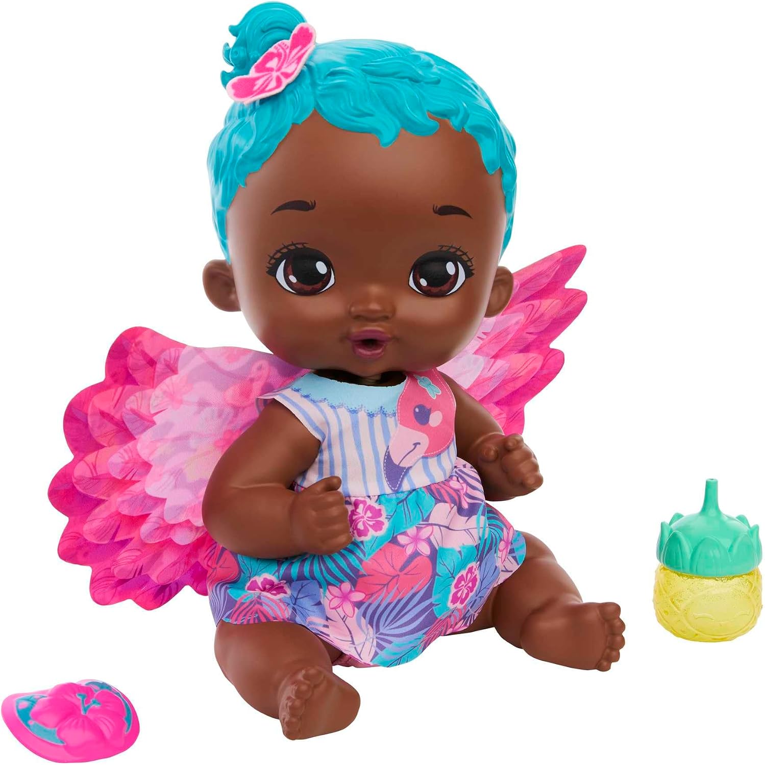 Mattel My Garden Baby Poupée Flamant Rose 30cm: Biberon Réutilisable et Couche Lavable
