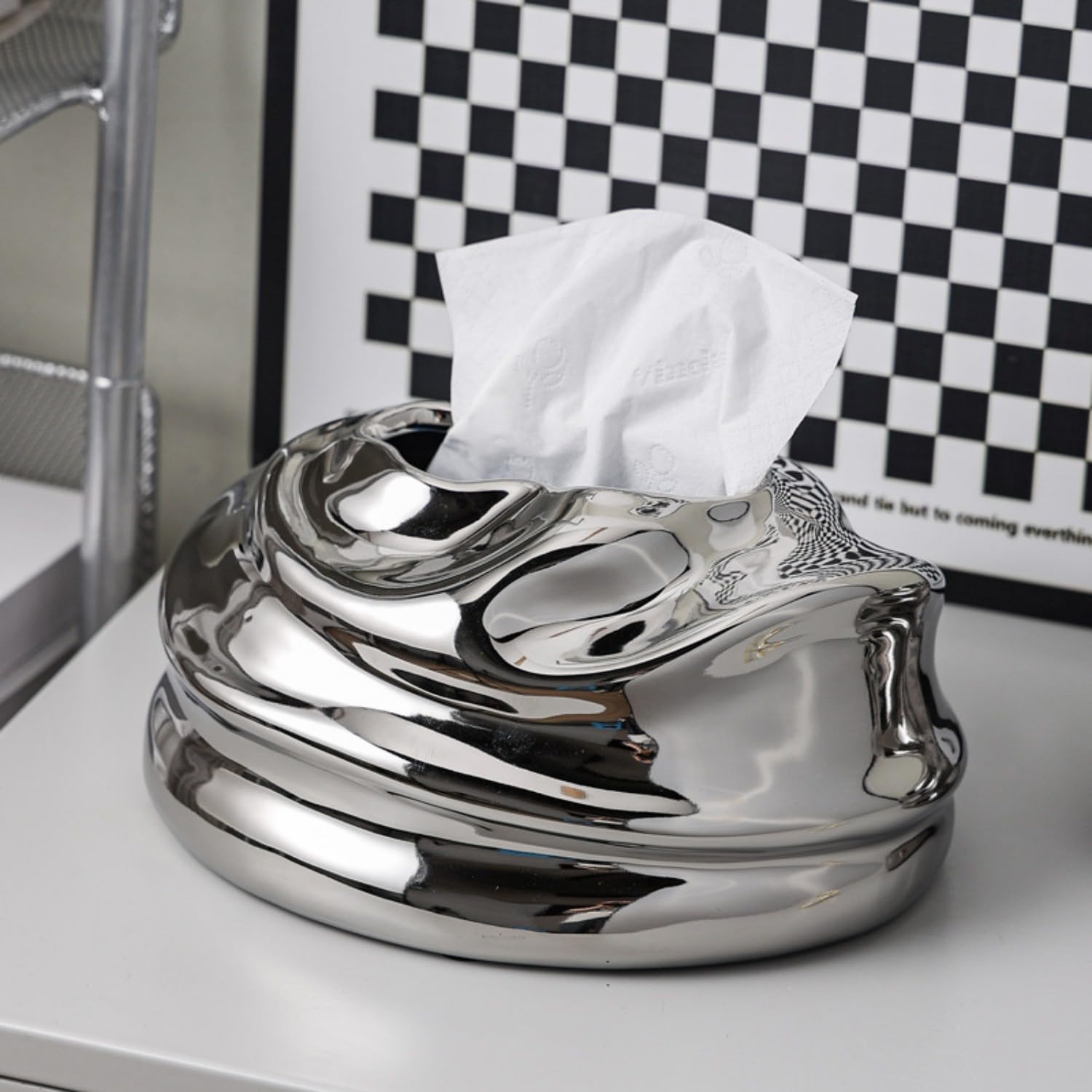 Soporte para caja de pañuelos de cerámica, cajas de papel de seda galvanizadas irregulares, soporte de papel de seda, dispensador de pañuelos faciales para decoración de baño, elíptica, plateado
