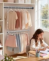 Vista 5 de Barra colgante de acero inoxidable, paquete de 2 extensores de barra de armario ajustables de altura y ancho, organizador de almacenamiento colgante