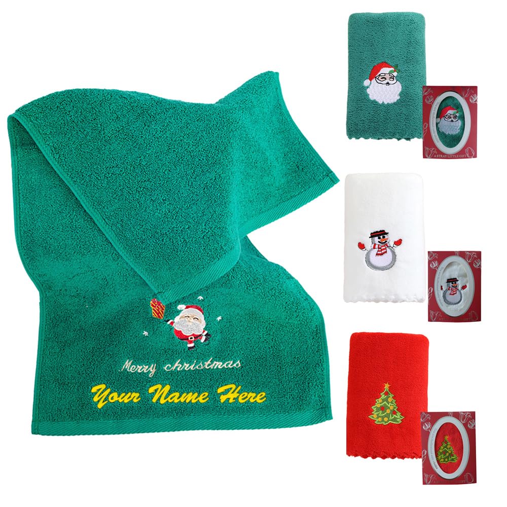 Van Der Linn Personalised Embroidered Name Initial Christmas Hand Towel Kitchen Bathroom Gift (Christmas Towel (Green + Red) With Gift Box)
