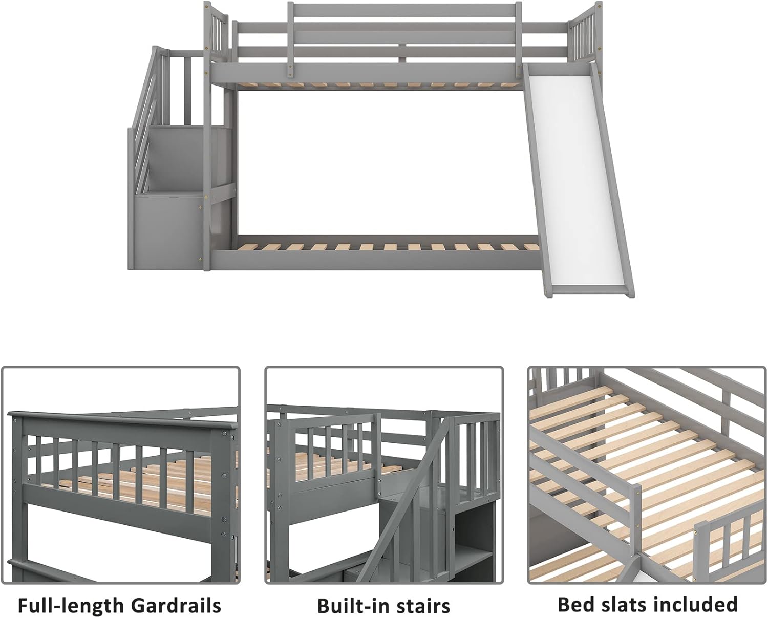 Bellemave Low Bunk Bed with Slide and Stairs Twin Over Twin Bunk Beds Wood Frame for Kids Toddlers Boys Girls, Gray