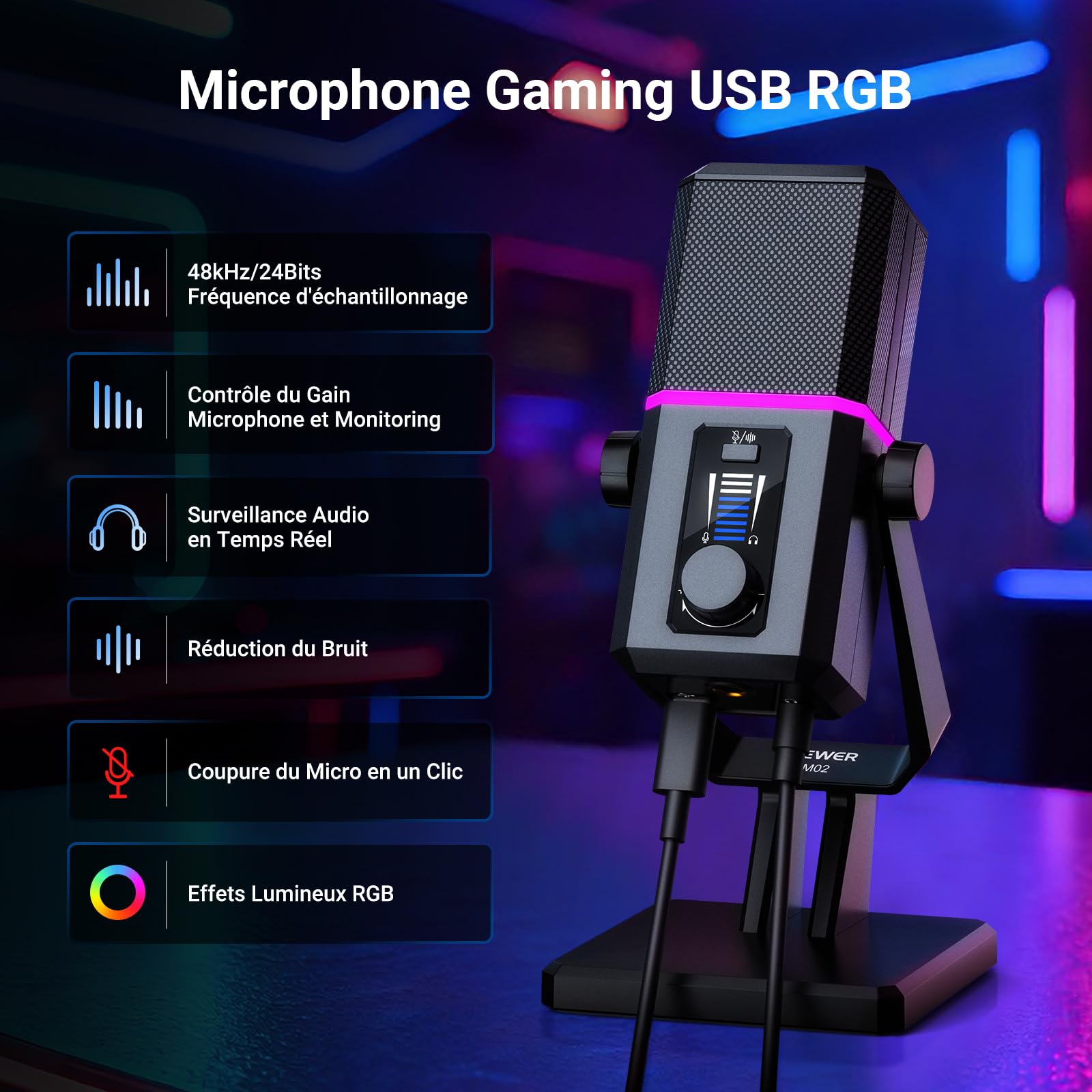 NEEWER UM02 Microphone USB RGB pour Gaming, Streaming et Podcasts; Micro de Bureau Cardioïde à Condensateur avec Réduction de Bruit; Compatible avec iPhone iPad Mac PC Android PS5/PS4 Pro/PS4