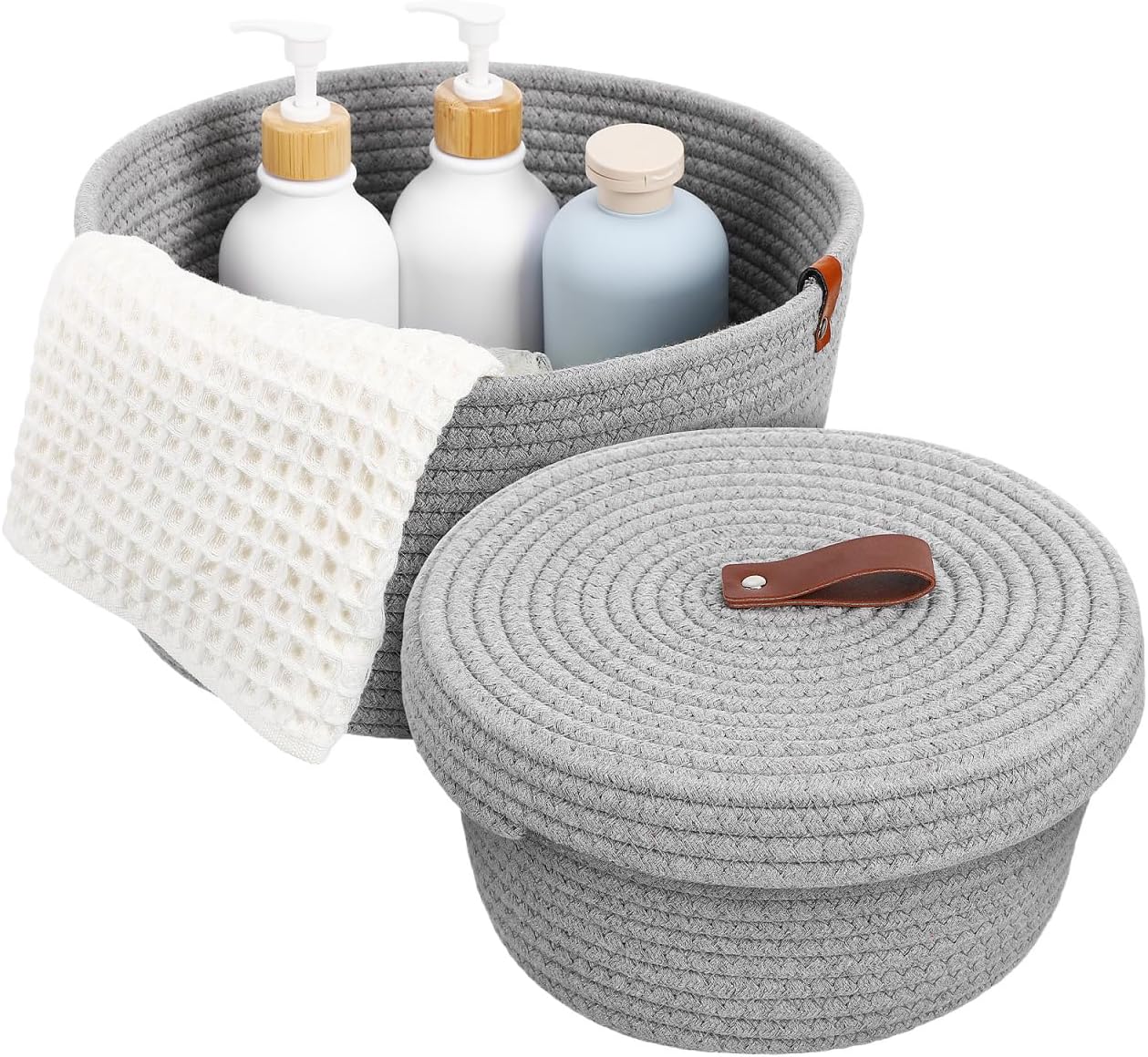 Cabilock Rope Storage Basket Set with Lid Woven Cotton Rope Organizer Baskets for Nursery Home Office and Laundry Includes Large 10.62In and Small Storage Bins for Shelf and Closet Organization