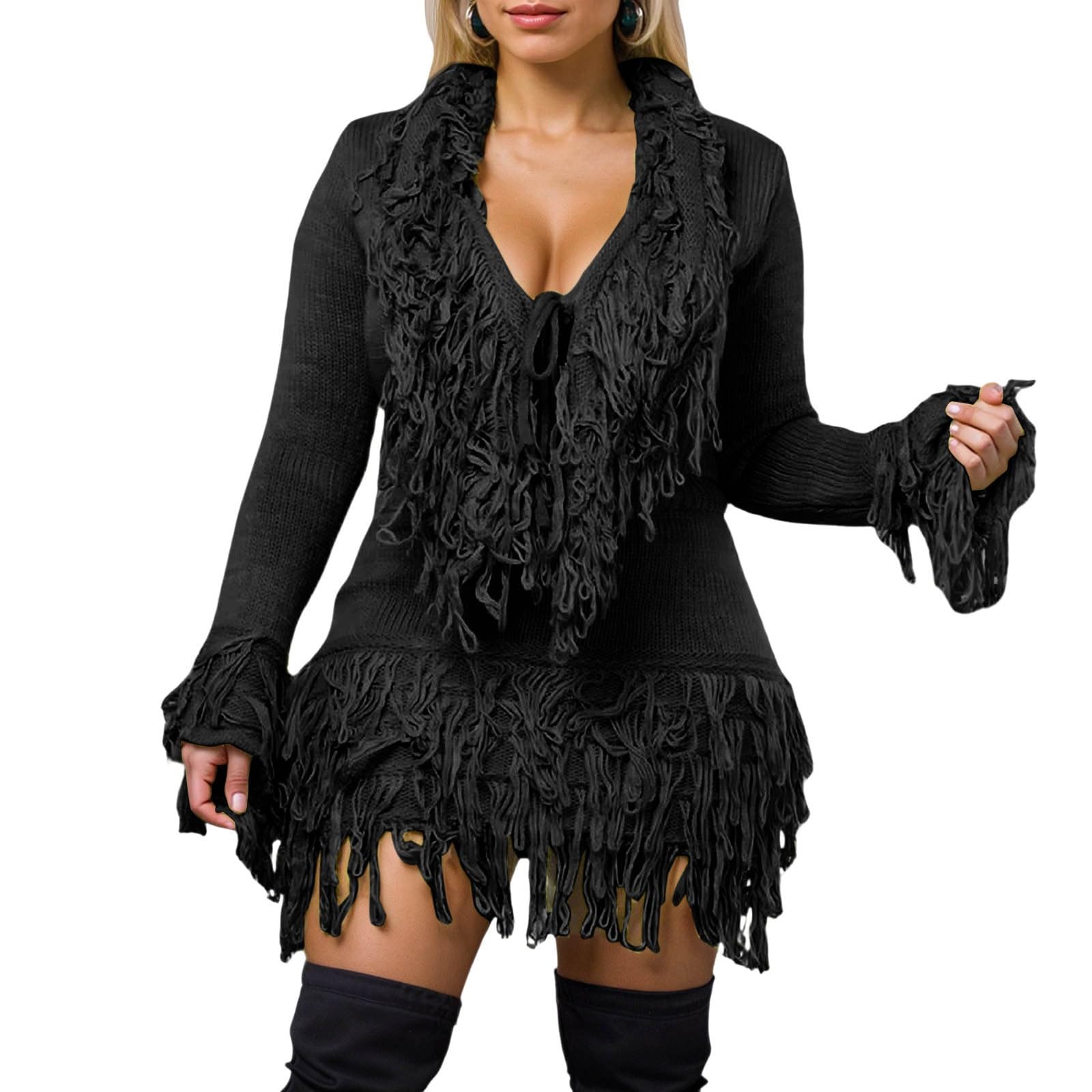 Elegantes Strickfransen-Kleid mit langen Ärmeln figurbetonter Kurzrock-Kombination für festliche Anlässe in Winter