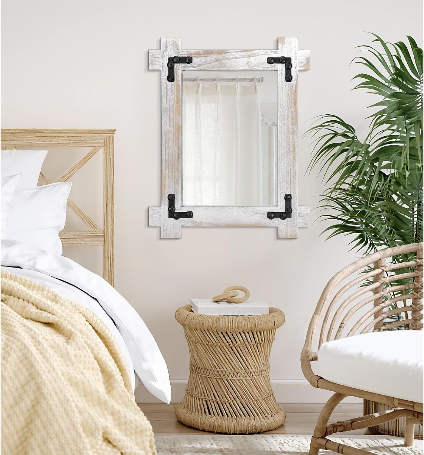 Wood Framed Wall Mirror Large Farmhouse Bathroom Mirror Vintage Vanity Hanging Mirror for Bedroom, Entryway, Living Room, Hallway 26 x 18 Inch Hangs Vertical or Horizontal