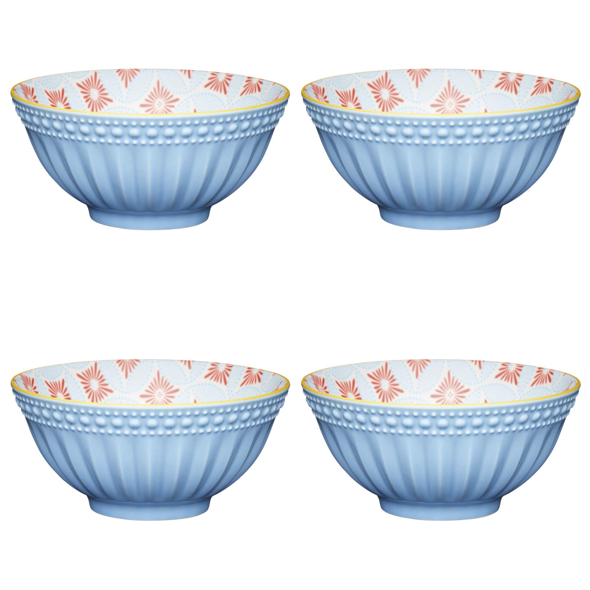 KitchenCraft Ceramic Bowl Set with Embossed/Diamond Medallion Pattern, Stoneware, Blue/Red,15.5 cm, Set of 4 Bowls