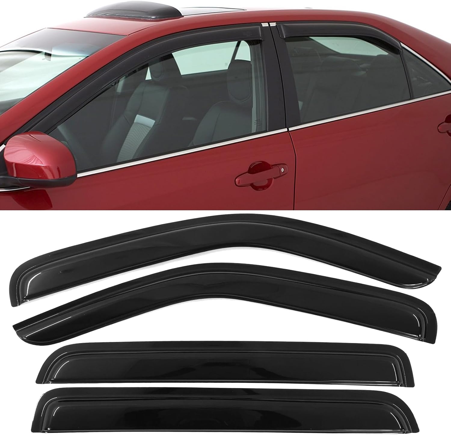 IKON MOTORSPORTS Tape on Window Visor Compatible with 2007-2011 Dodge Nitro, Slim Style Acrylic Smoke Tinted 4PCS Sun Rain Shade Guard Wind Vent Air Deflector