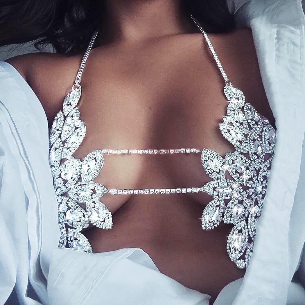 Graeen Crystal Bra Chains Rhinestone Bra Top Flower Chest Chain Silver Body Chain Nightclub Body Jewelry for Women (A) - Image 2