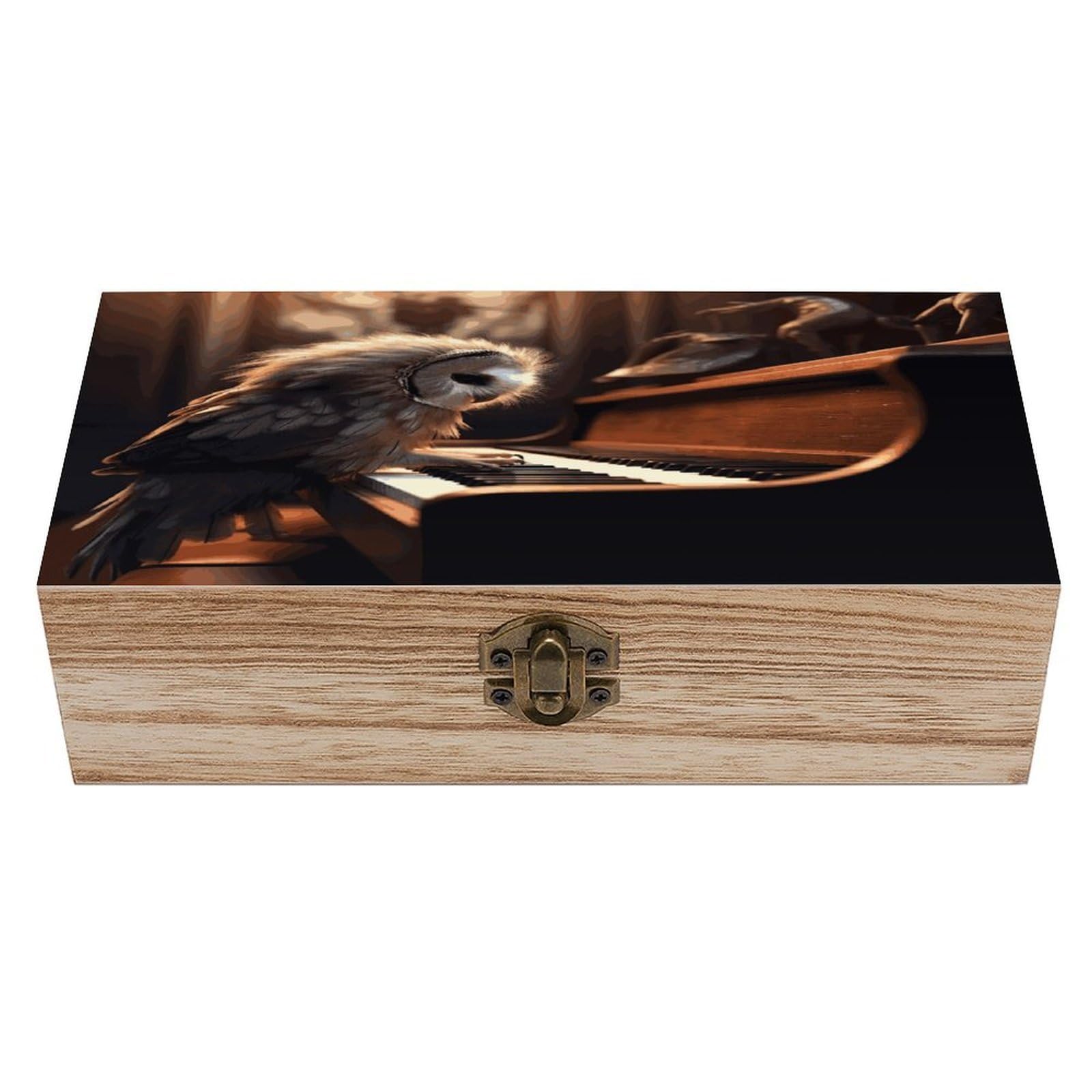 JTREHY Owl Plays Piano Wooden Keepsake Box Vintage-Style Wood Keepsake Case with Hinged Lid Solid Wood Boxes Beautifully Memory Treasure Case Vintage-Style Wooden Storage Box