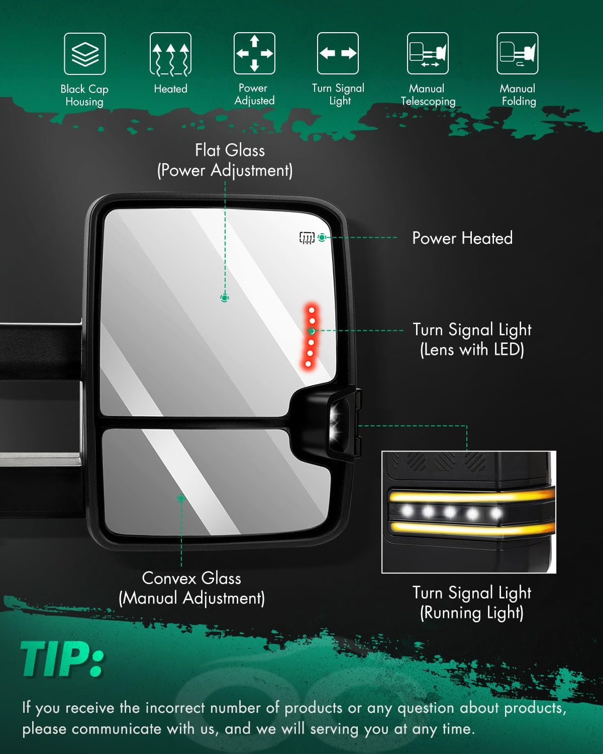 SCITOO Towing Mirrors Fit 1988-1998 for Chevy Silverado for GMC Sierra with Power Adjusted Heated Arrow Turn Signal Clearance Light Back up Light Manual Telescoping and Folding