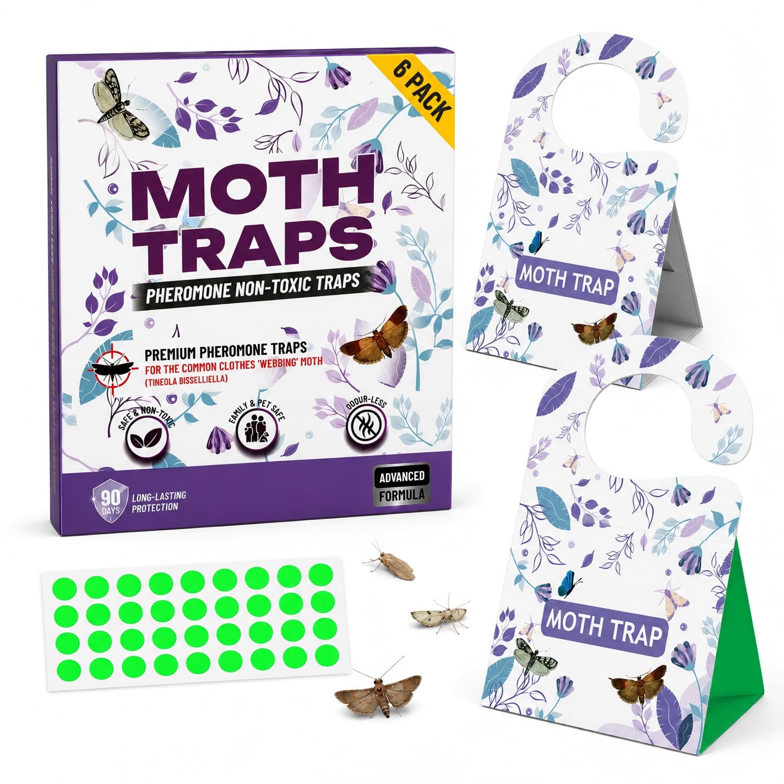 Moth Traps Sticky Boards – 6 Non-Toxic Moth Killer Sheets for Kitchen, Pantry & Grain Storage, Safe Eco-Friendly Pest Control, Glow-in-the-Dark Decorative Dots for Home Use