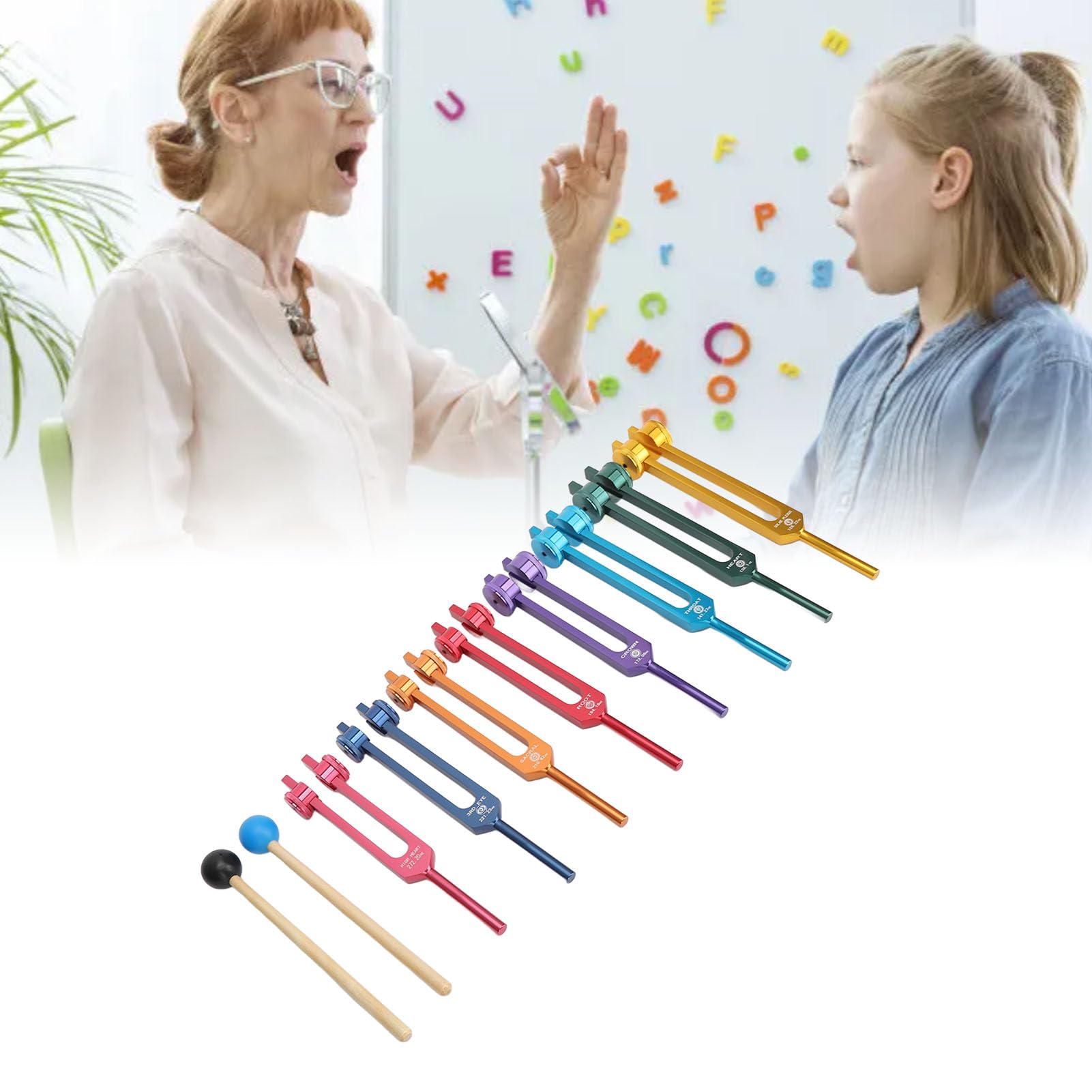 HURRISE Resonant Tuning Fork Set,Tuning Forks for Healing,Aluminum Alloy Clear Sound Vibrations Tuning Fork Mallets Set for Pressure Relief Insomnia