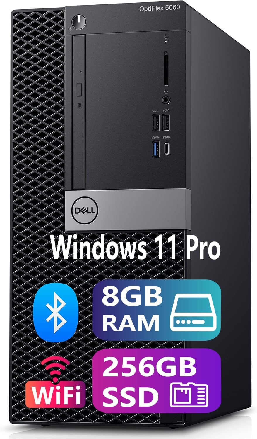 Dell OptiPlex 5060 Tower Desktop PC Computers, Intel i5-8500 6-Core, 8GB DDR4 RAM, 256GB SSD, USB Wi-Fi, USB Bluetooth, Windows 11 Pro (Renewed)
