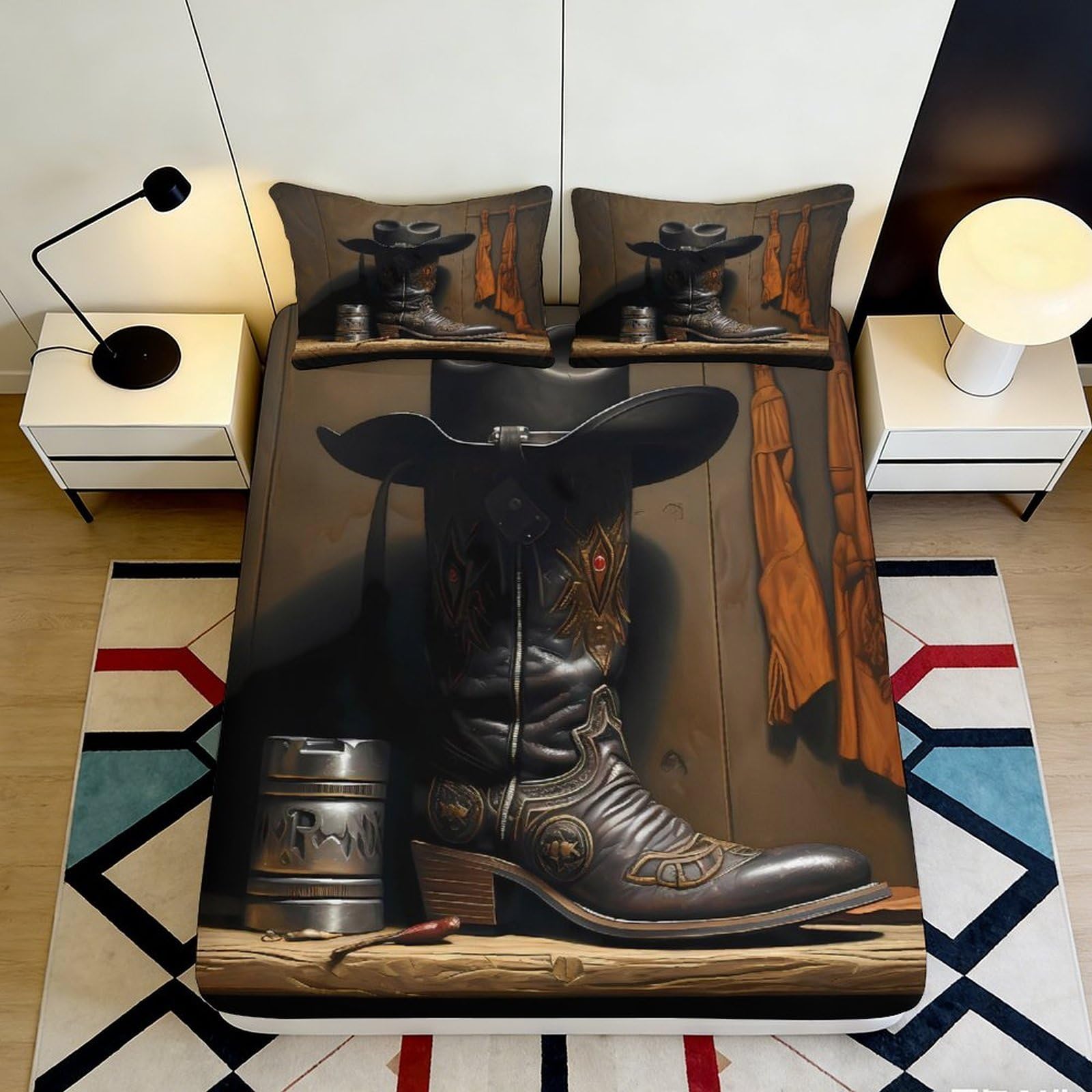 3D Printed Cowboy Boot Fitted Sheet Microfiber Soft Western Hat Bed Cover for Bedroom Dorm Decor Easy Care 90x200x25cm