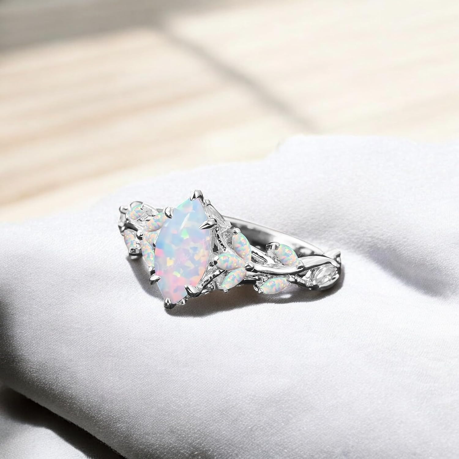 Vintage Marquise Cut Fire Opal Engagement Ring Rose Gold Nature-Inspired Cluster Art Deco Leaf Design Promise Ring Unique Handcrafted Women's Jewelry Gift for Valentine Birthday Gift