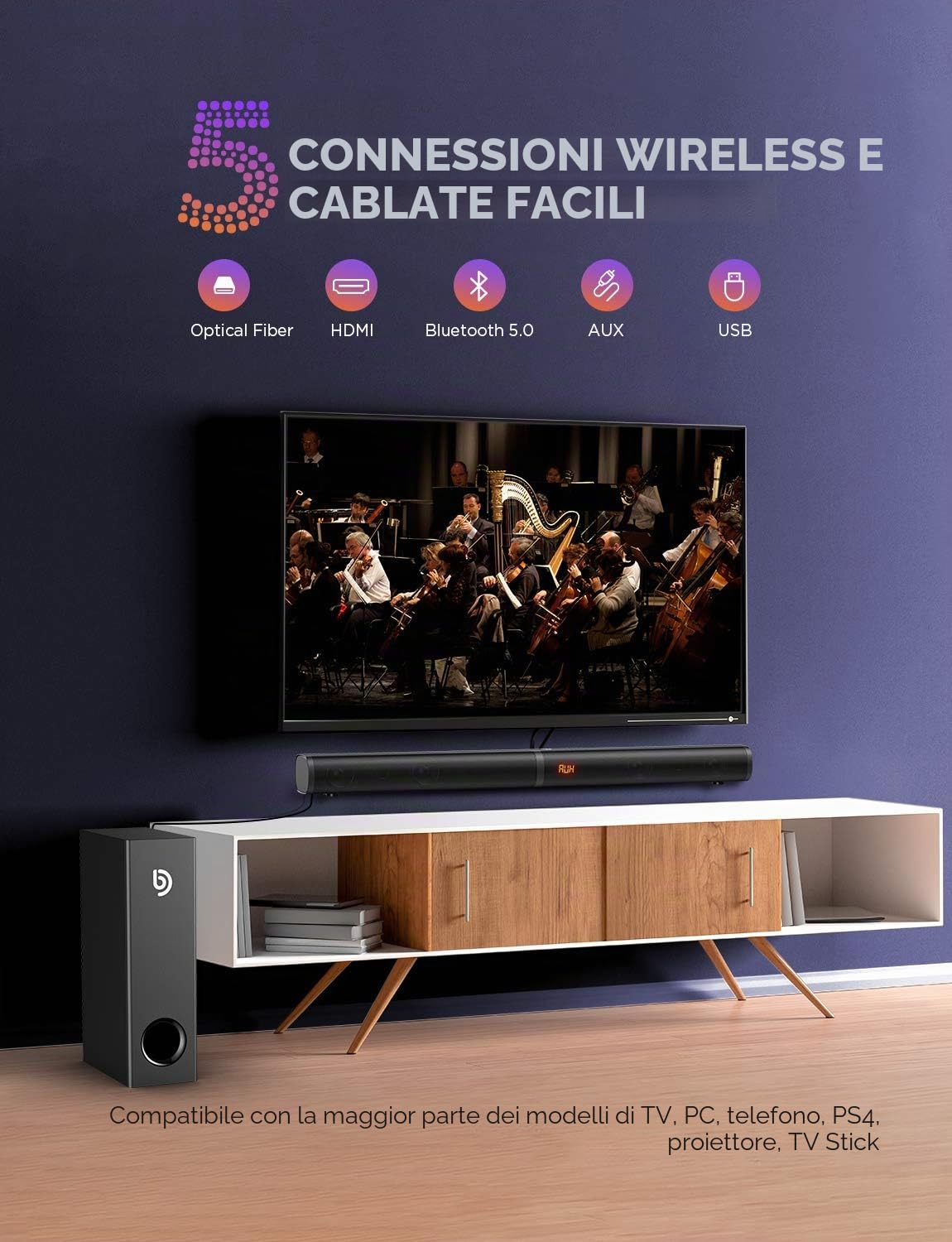 Soundbar 2.1 canali con altoparlante subwoofer 190 W, soundbar TV HDMI, soundbar wireless Bluetooth 5.0, home cinema per TV, PC, PS4, PS5, laptop, tablet -Tapio III, nero