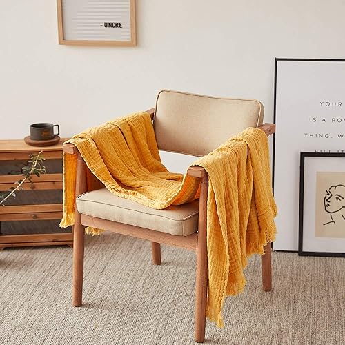Miniatura 9 de Simple&Opulence Manta de muselina de algodón para cama, sofá, manta de gasa tejida de punto con borlas, suave, ligera, acogedora, prelavada,