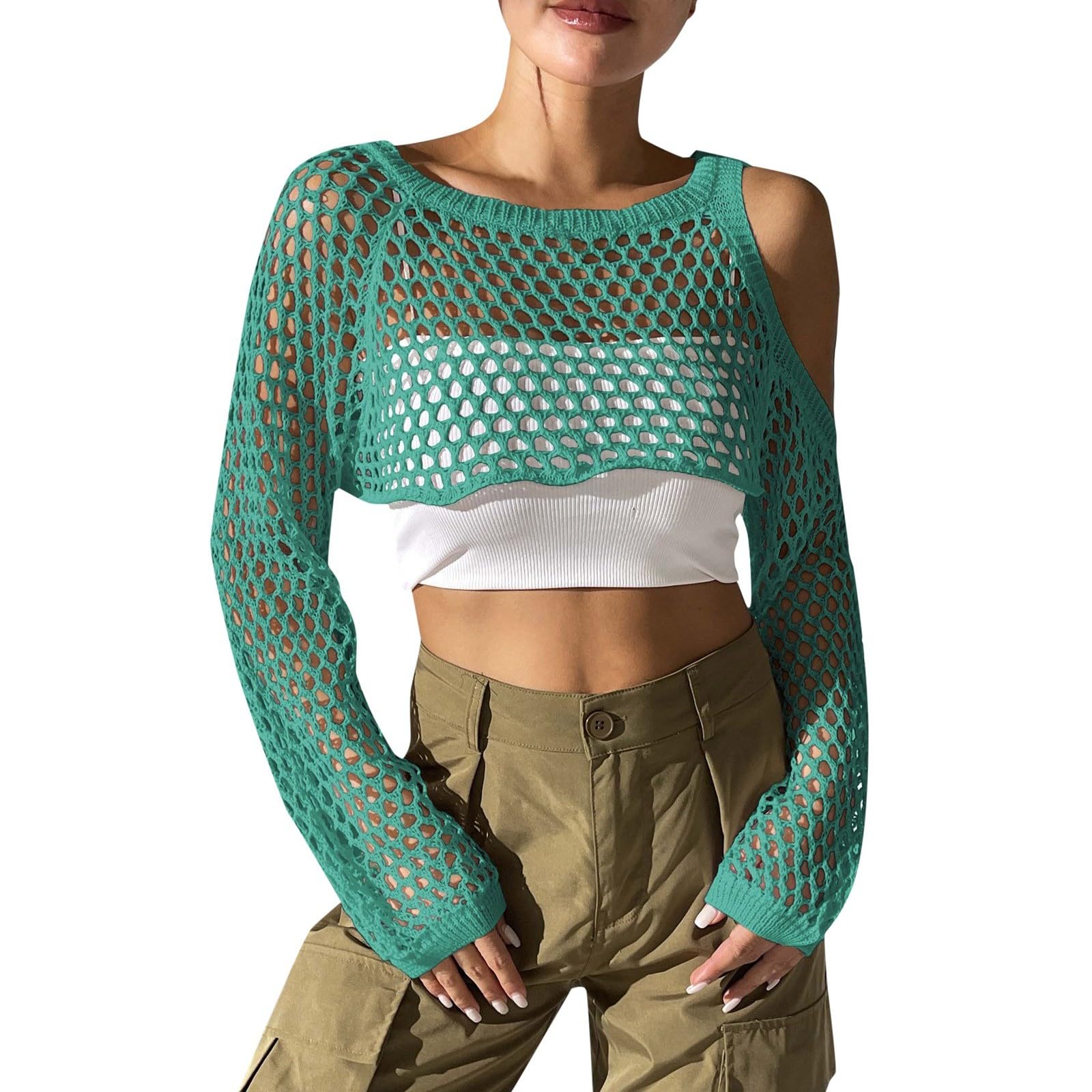 Mesh Fishnet Top for Women, Long Sleeve Novelty Off Shoulder Crop Top Hollow Out Knitted Cover Up Casual Stylish Ladies Outerwear Disco Carnival Music Festival Clubwear (Green, One Size)