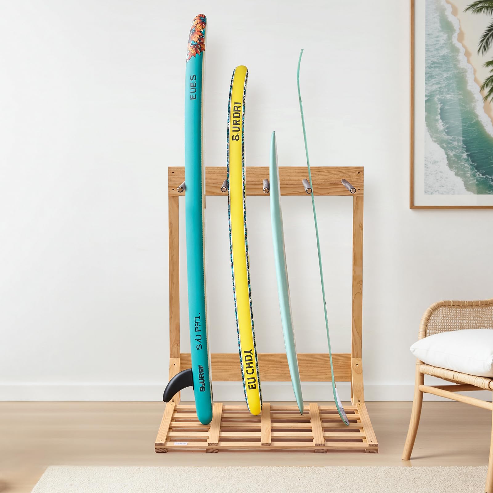 VEVOR Soporte Vertical para Tablas de Surf, Estante de Madera de 4 Niveles para Almacenamiento y Exhibición