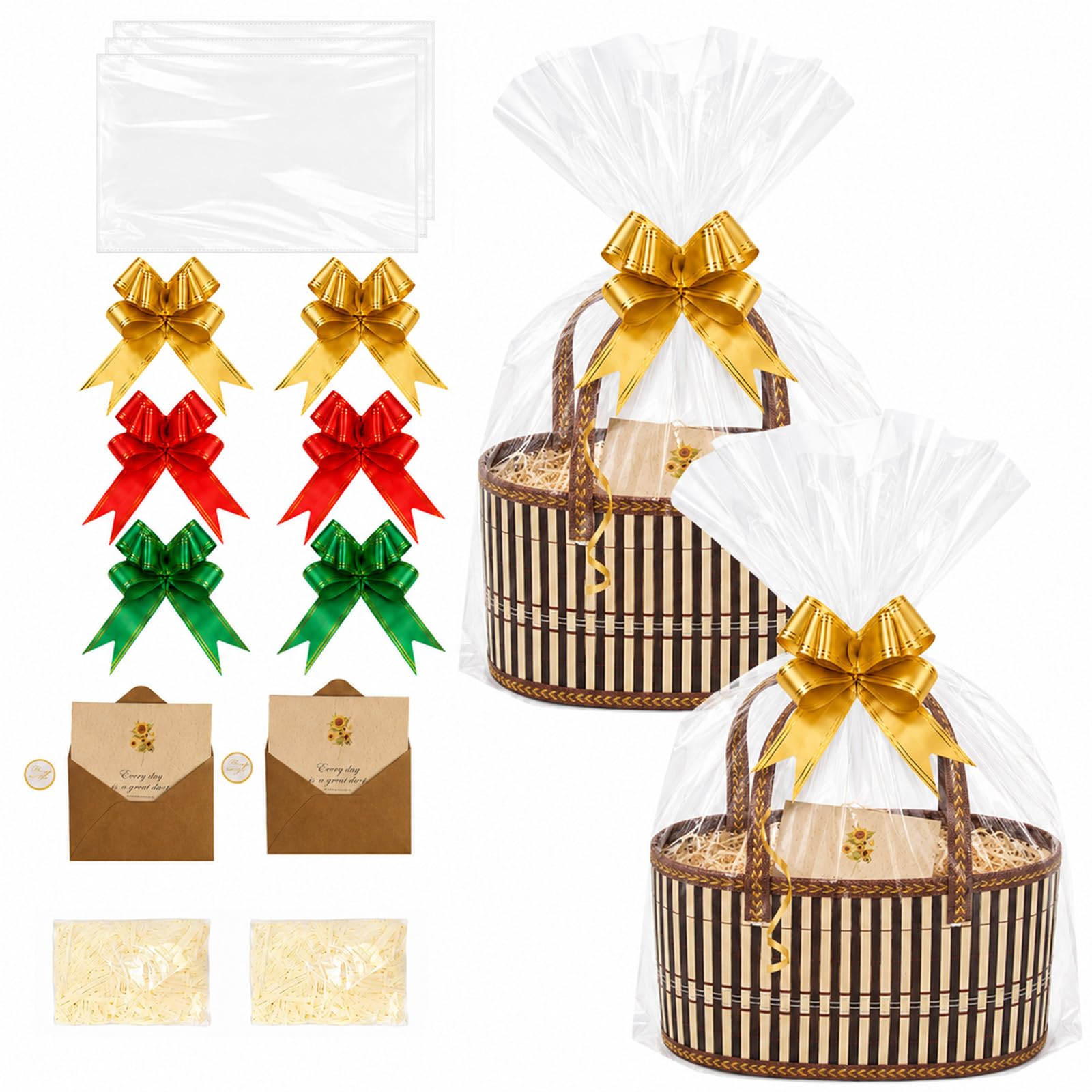2 Set Empty Hamper Basket, Large Woven Bamboo Gift Basket Hamper Kit with Handles, Wrap Bags, Raffia Greeting Cards, Pull Bows for Christmas Birthday Baby Shower Wedding