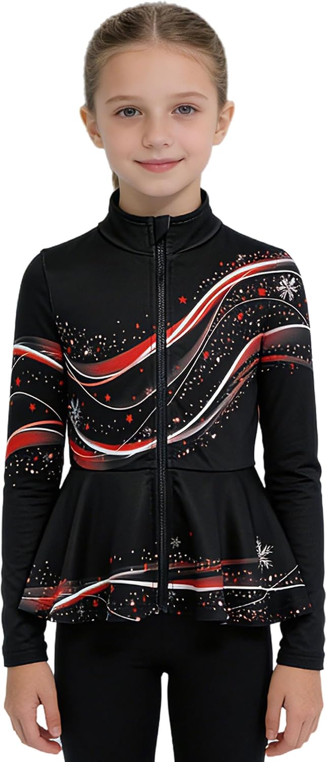 Yhong Girl's Ice Figure Skating Jacket with Shiny Rhinestone Skating Training Performance Clothes