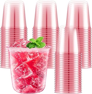 50 Pcs Pink Clear Plastic Cups 12 oz, Bulk Disposable Stemless Wine Glasses, Cute Pink Plastic Party Cups for Meeting Wedding Birthday Baby Shower Christmas Cocktail Theme Party Supplies Decorations