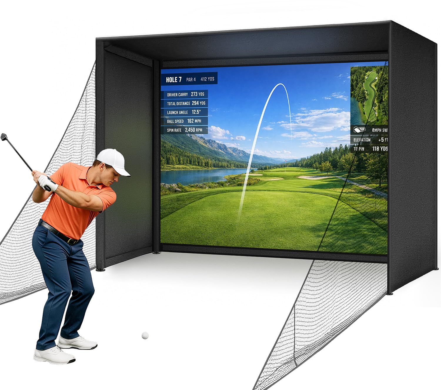 10 x 8 ft Golf Simulator Enclosure with Upgraded Impact Screen – High Clarity Projection Surface, Thick Foam Edge Padding, Safety Side Nets & Frame for Home Indoor Golf Setup