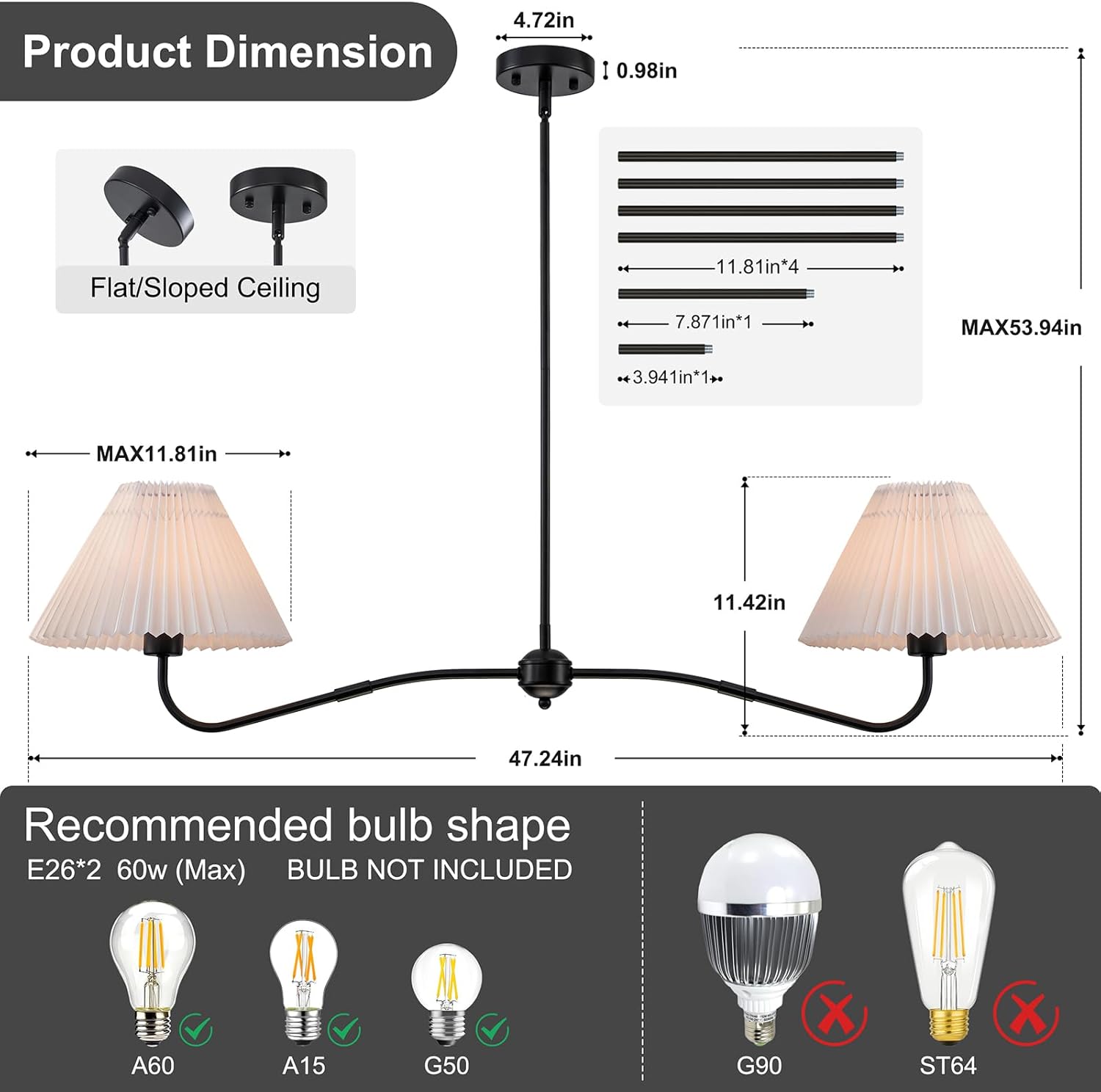 47’’ Modern Linear Chandelier for Dining Room, 2-Light Black Farmhouse Pendant lights kitchen island with White Fabric Shades, Island Lighting Fixture for Restaurant Kitchen Over Table, E26 Base