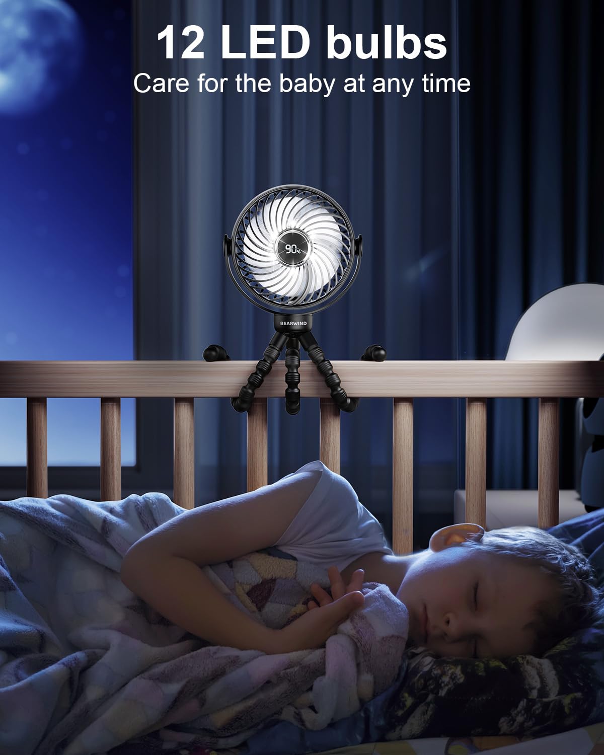 Ventilateur portable pour poussette rechargeable USB avec lumière LED nocturne, 4 vitesses et trépied amovible à 360° - pour voyage, voiture et berceaux