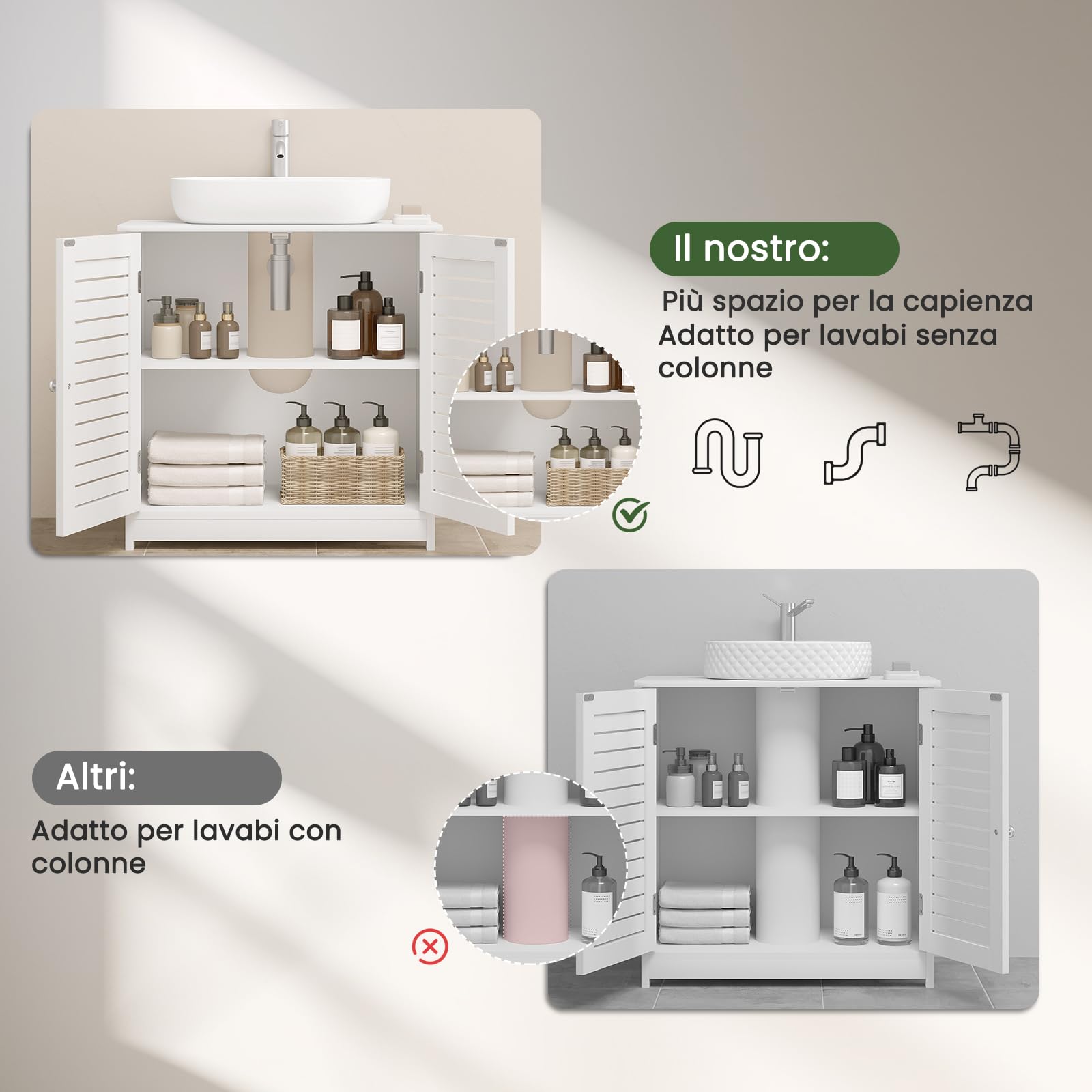 EUGAD Mobiletto Sottolavabo Sottolavello Bianco Armadietto sotto Lavandino per Bagno con Due Ante in Legno