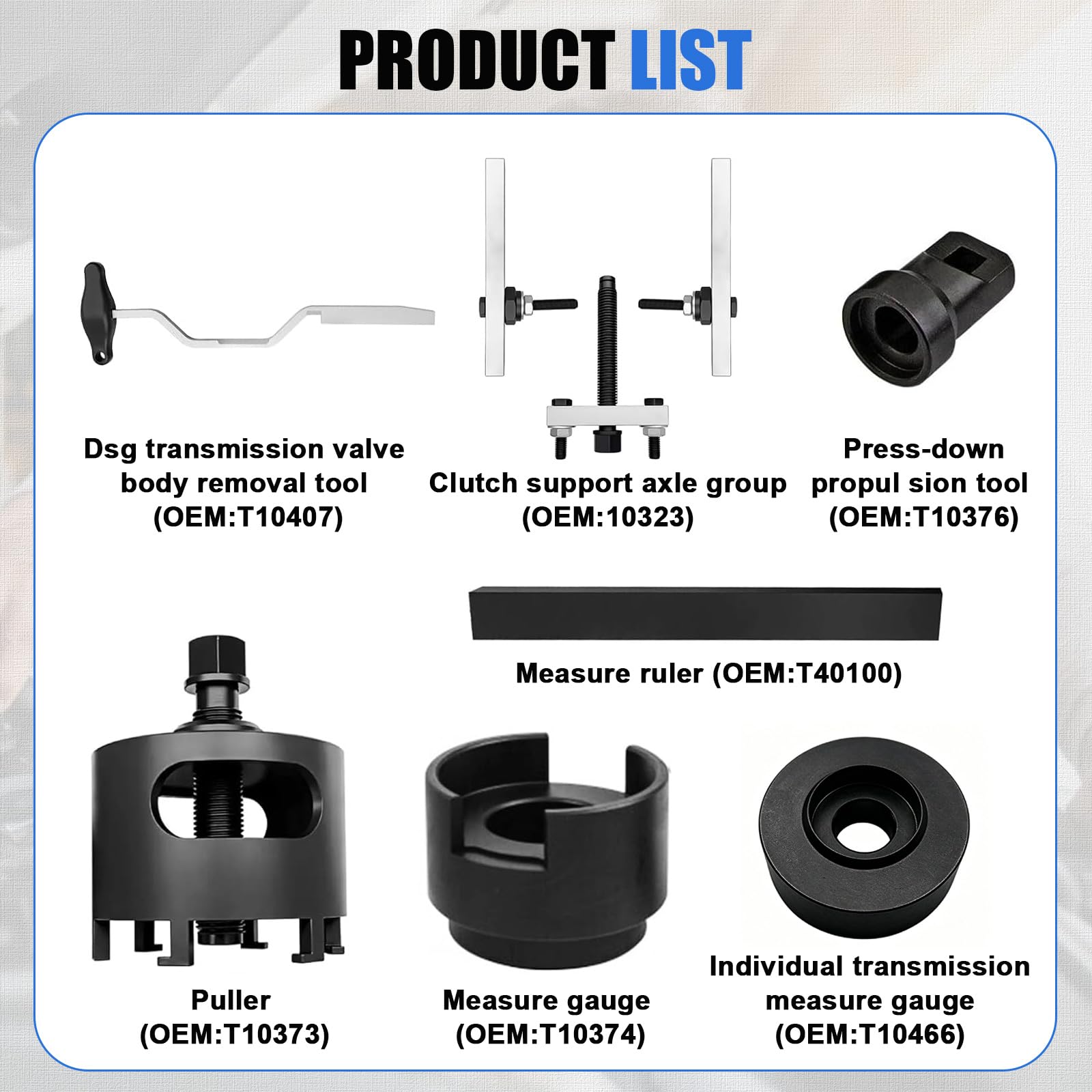 Set di attrezzi per cambio a doppia frizione Compatibile con Audi VAG VW 7 marce DSG, utensili per montaggio e smontaggio della frizione T10323 T10373 T10376 T40100 T10407 T10466