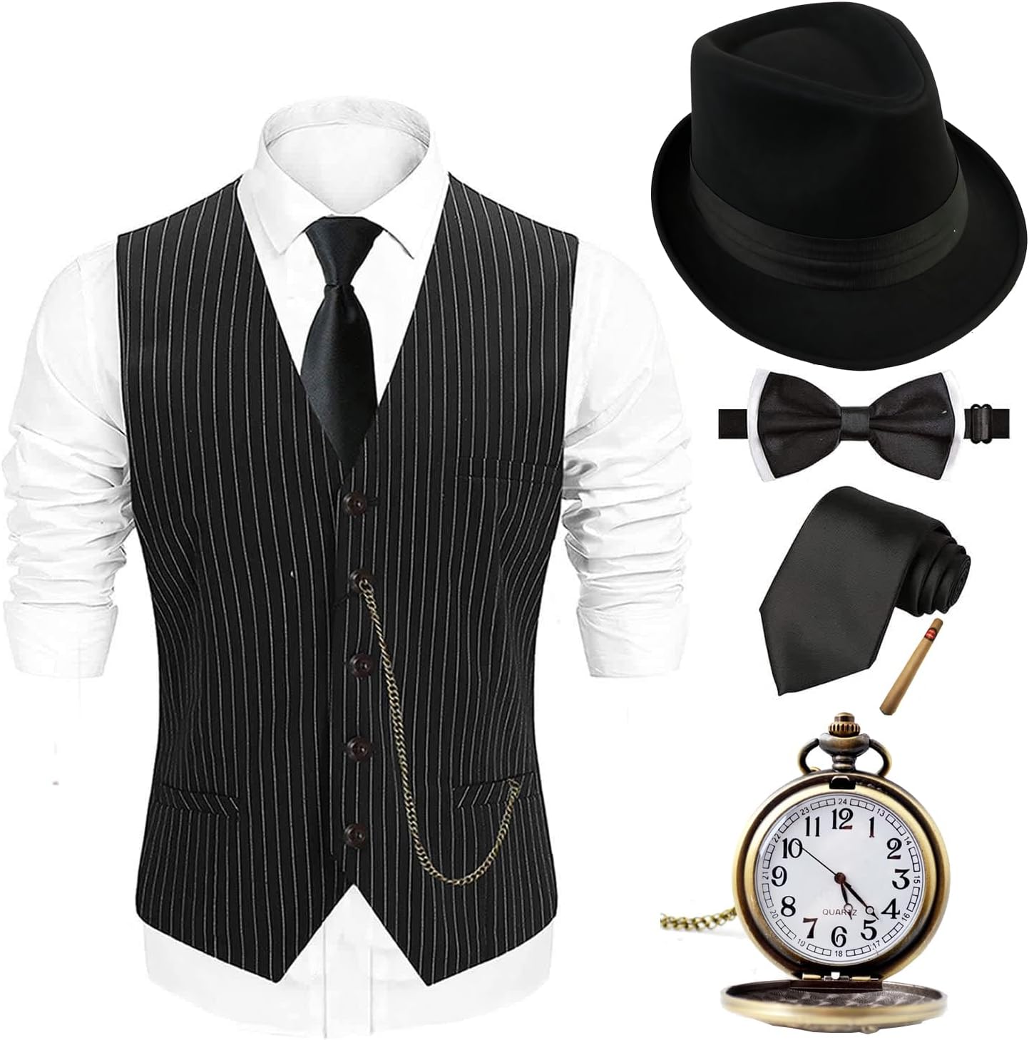 EFORLED Halloween 1920s Mens Costume 2025,Gatsby Gangster Vest,Vintage Pocket Watch,Pre Tied Bow Tie,Tie