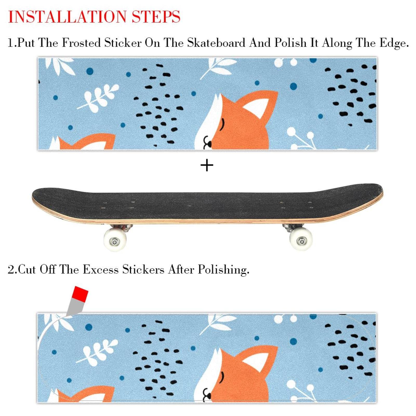 Lot de 2 feuilles de papier abrasif pour planche de skateboard et longboard Motif renard orange