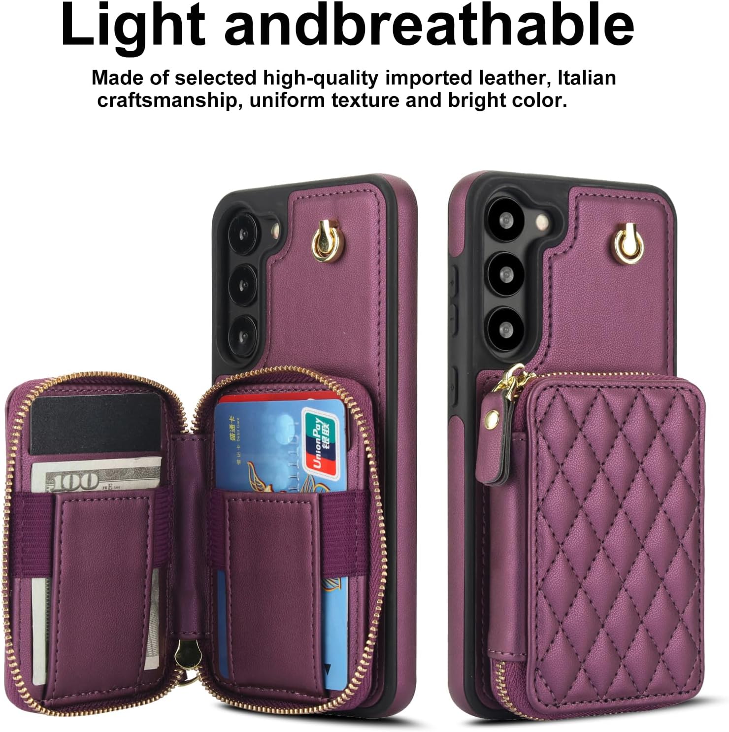 Phone Case for Samsung Galaxy S23 Plus S23+ 5G Wallet Cell Cover with Tempered Glass Screen Protector Wrist Strap RFID Blocking Card Holder S23plus 23S + S 23 23+ SM-S916U 6.6 inch Women Dark Purple