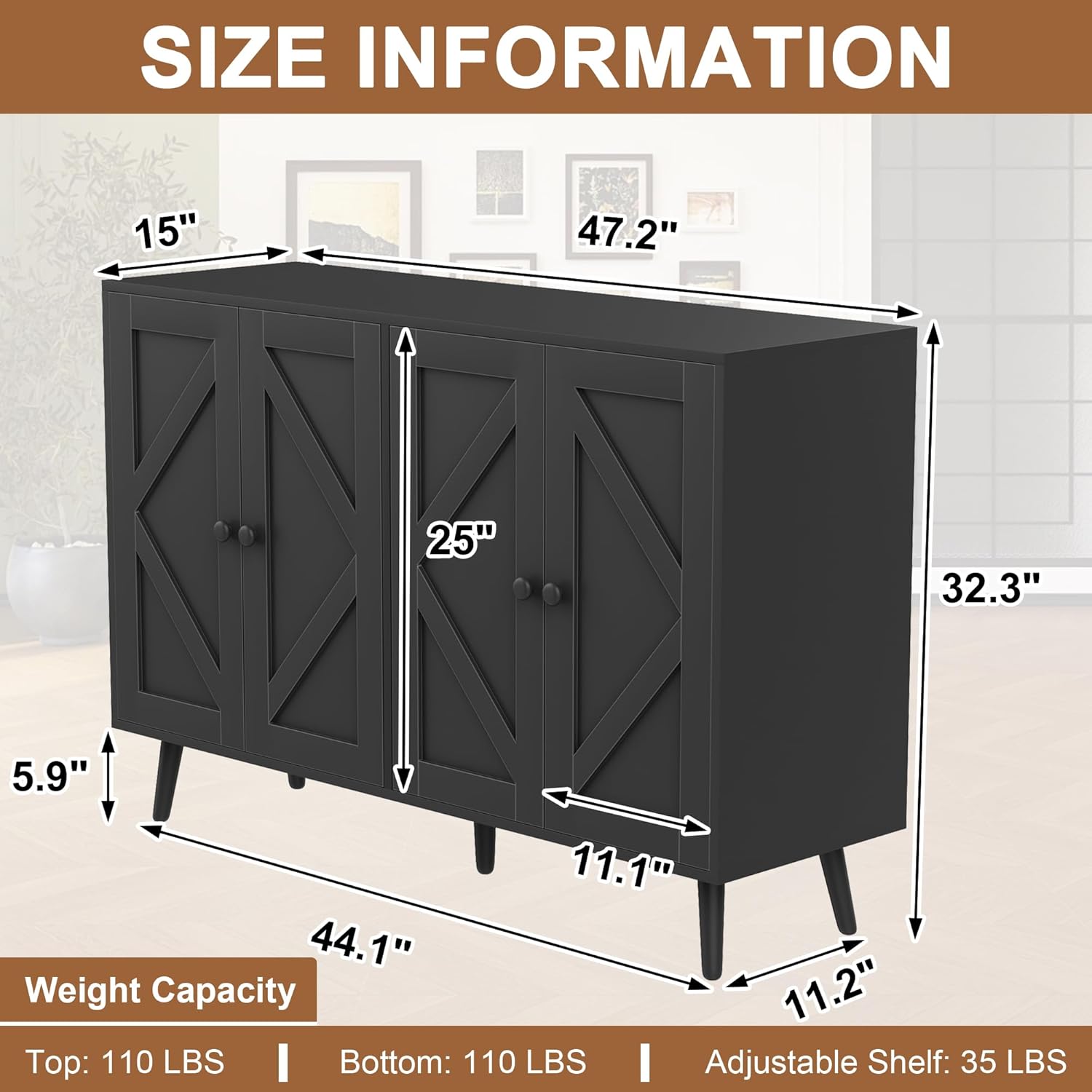 Yongchuang 47" Black Modern Farmhouse Sideboard Cabinet with Storage, 8 Adjustable Shelves, Suitable for Kitchen, Living Room, Entryway