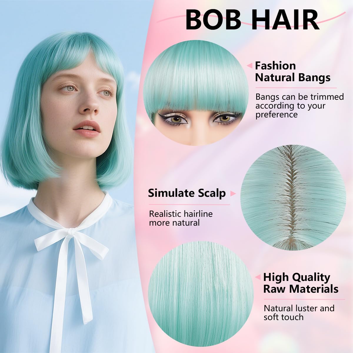 Short Bob Wigs with Bangs 12 Inch Coloured Bob Wig Heat Resistant Synthetic Fiber Straight Bob Wig for Women Girls Christmas Halloween Cosplay Party Fashion Looking (Aqua) - Image 3