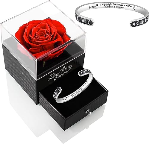 Histock Pulsera para el día de la madre, regalos de hija preservadas con rosas rojas preservadas con brazaletes para mujeres, regalos de hija,