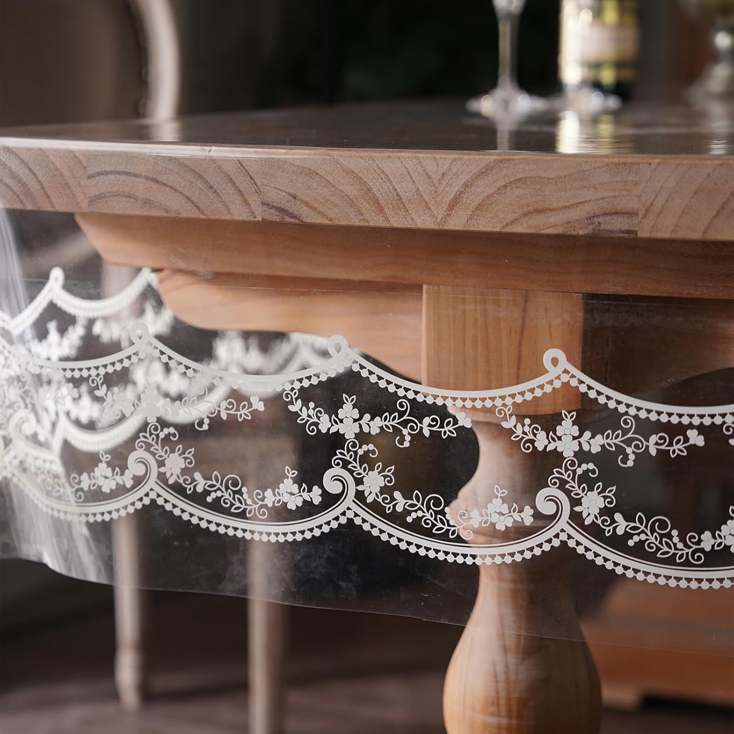 Clear Table Cover Protector Plastic Vinyl Table Cloth with White Lace Pattern Oil Spill Proof Plastic Tablecloths for Dining Tables Parties Holidays (French Lace, 60 x 104 Inches)