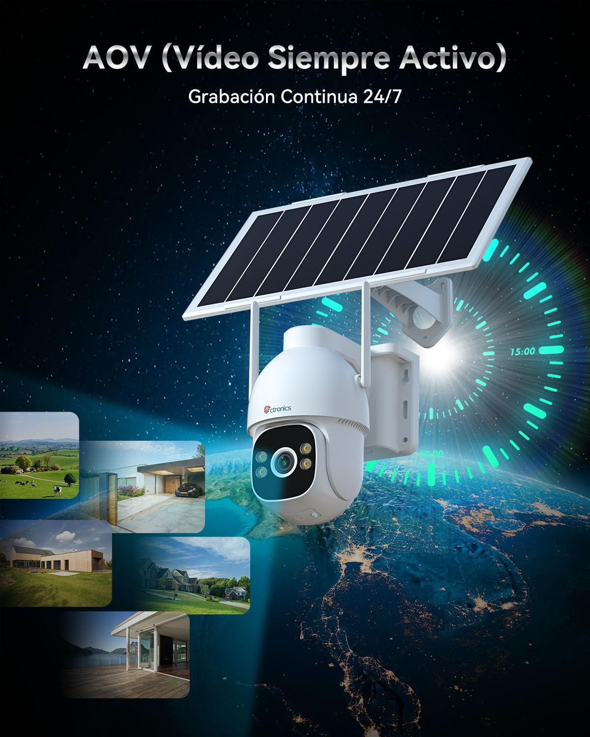 Ctronics Camara Vigilancia AOV Grabación 24/7, Camara Solar 4G con Panel | Solar de 8W y Batería de 15600 mAh, Detección de Personas Hasta 30 m y Seguimiento Automático, Cámara PTZ con Tarjeta SIM