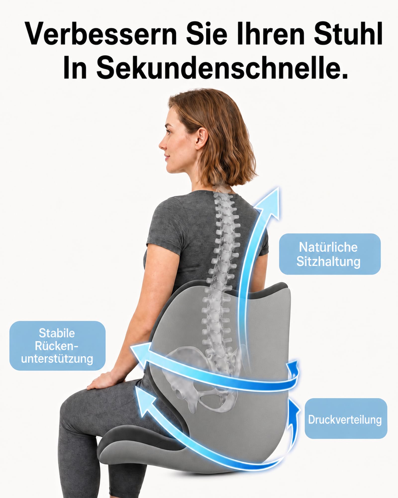 Ergonomisches Sitzkissen mit Rückenlehne für Stühle, Premium-Memory-Foam mit Rücken- & Beckenstütze, Haltungskissen für Homeoffice und langes Sitzen