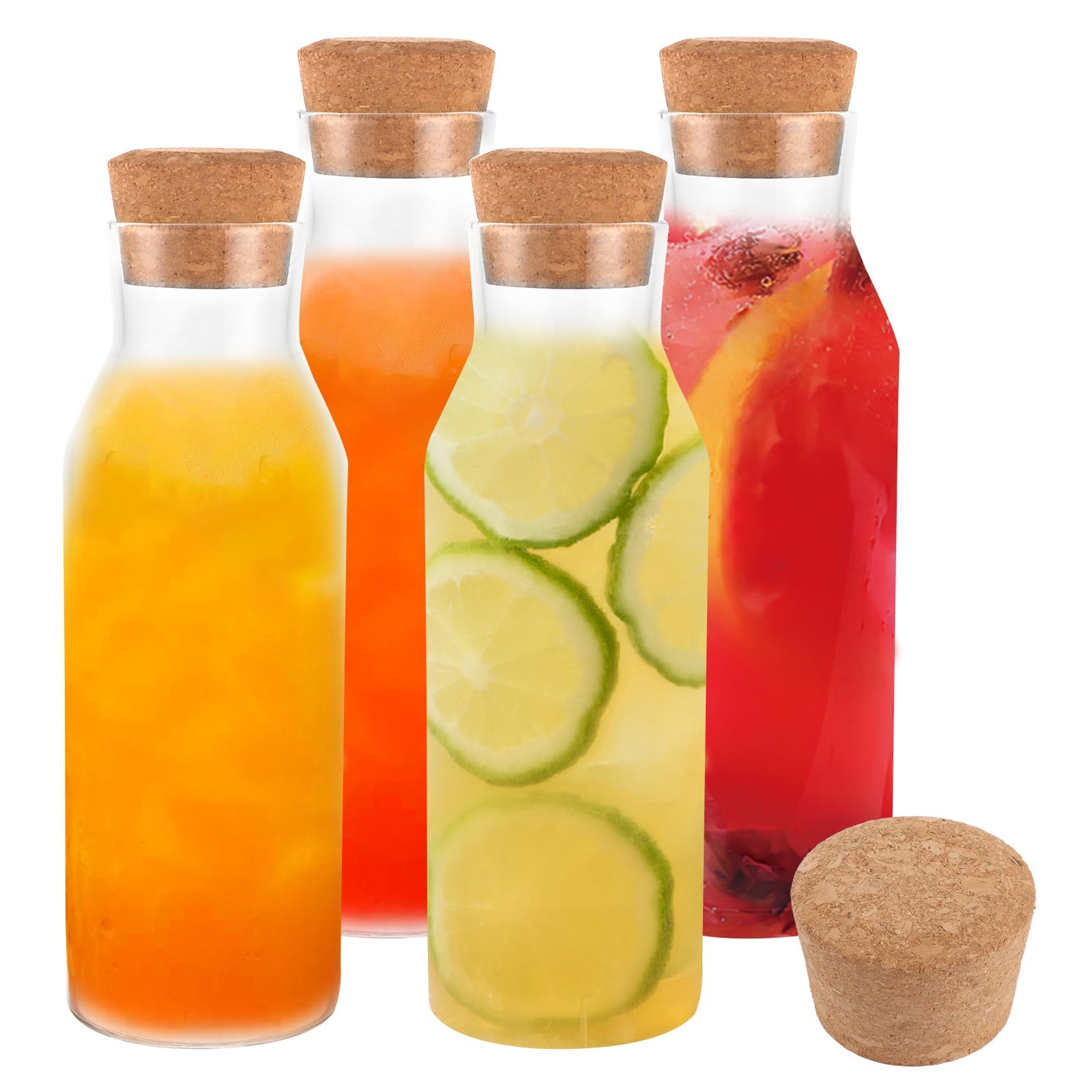 YAYODS 4 caraffa per acqua con tappo in sughero – caraffa in vetro da 1,2 litri – caraffa in vetro con coperchio per acqua frizzante, frutta, succhi di frutta, ristoranti, feste, matrimoni, compleanni