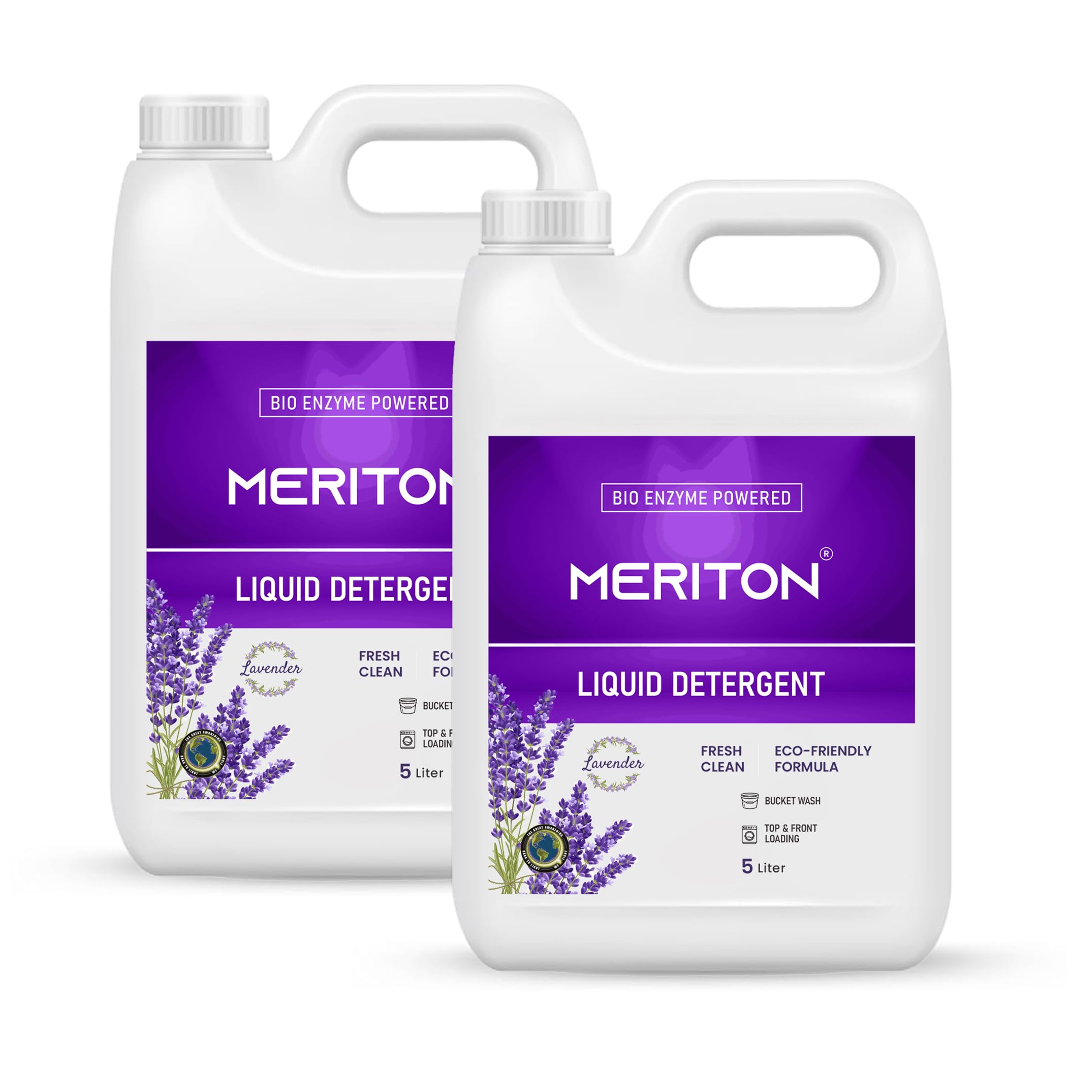 Meriton Bio Enzyme Powered Liquid Detergent For All Types Of Clothes| Lavender Scent | Fresh Clean | Eco-Friendly Formula | Suitable For Top & Front Load - 5 Liters (Pack Of 2)