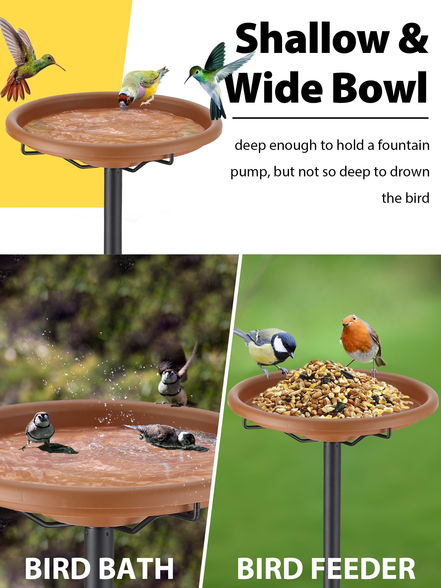 Baño para pájaros para exteriores, baños enterrados para pájaros para jardines al aire libre, cuenco de baño 2 en 1, atractivo, 31 pulgadas
