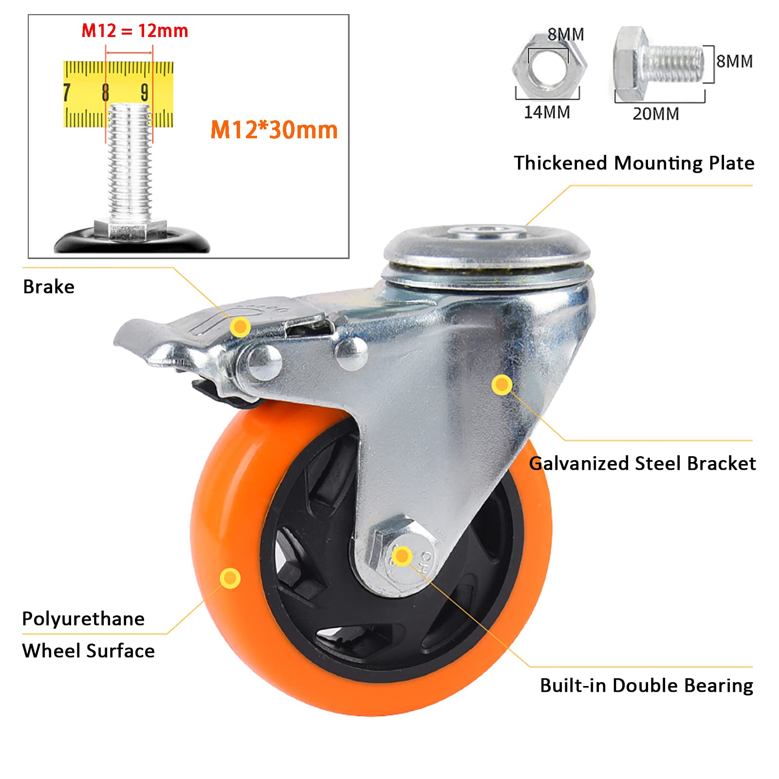 Wytrzymały wózek 75 mm z hamulcem, pręt gwintowany M12 x 30 mm, ciche kółka obrotowe do przenoszenia mebli, nośność 90 kg na koło, zestaw 4 kółek Trans