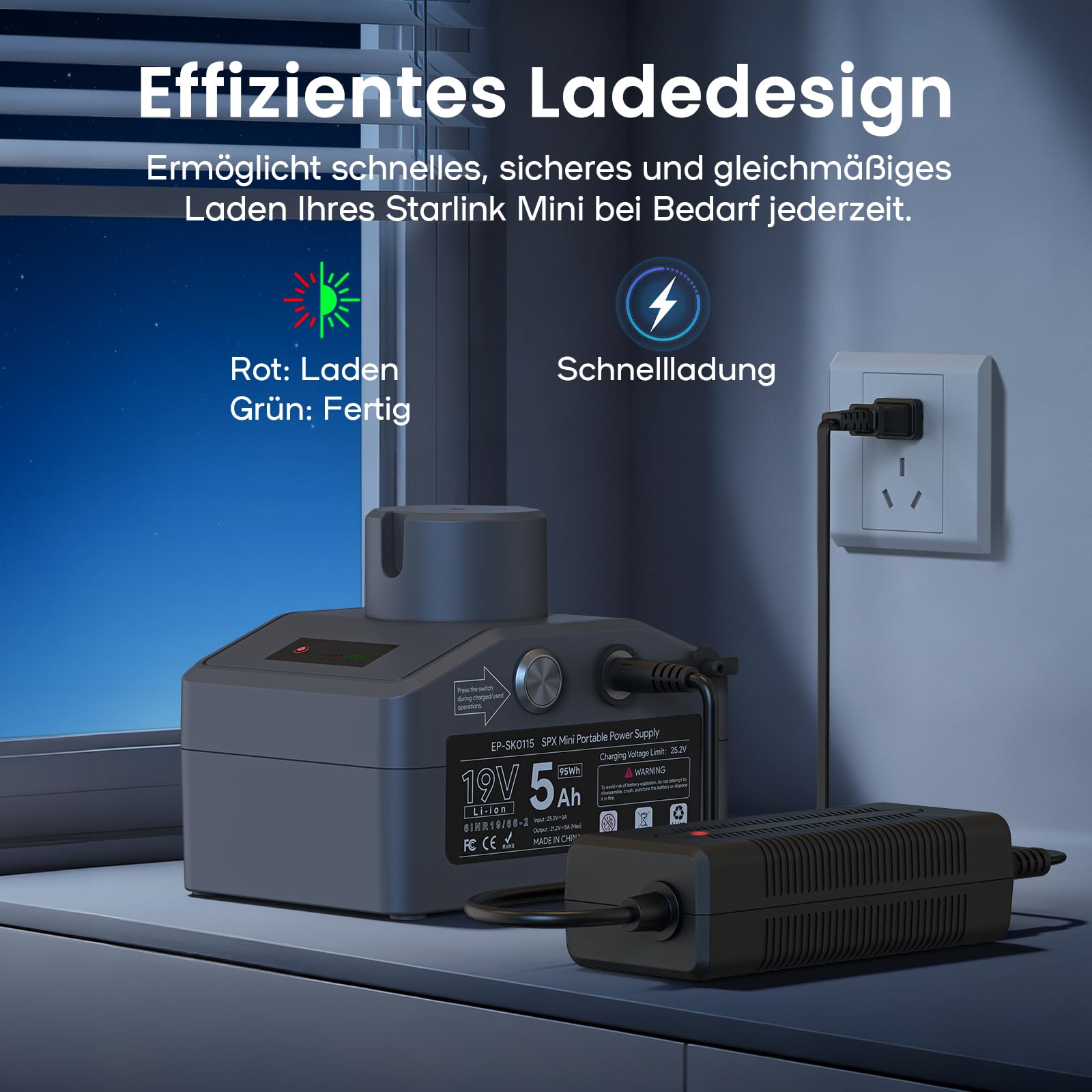 Externer Akku für Starlink Mini, tragbare Stromversorgung 95 Wh, Ausgang 19 V/5 Ah, wasserdicht IP65, mit Adapter DC 25,2 V/3 A, Backup-Batterie, Plug-and-Play, kompatibel mit Starlink Mini X