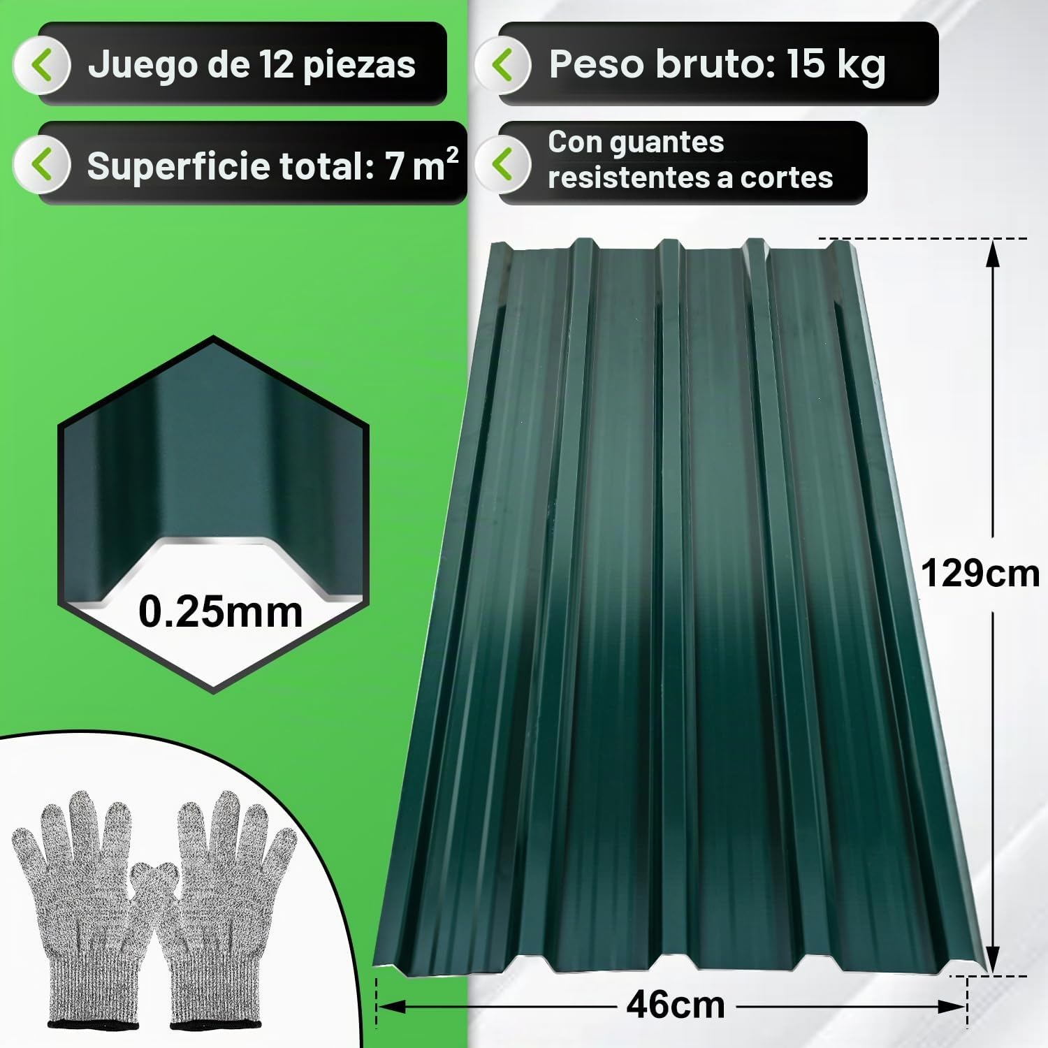 129 cm x 46 cm Chapa trapezoidal 24 piezas, placas de techo de acero galvanizado de 0,25 mm de espesor, placas de chapa ondulada para techo, placas de techo de chapa, 7 m² Chapa de techo verde