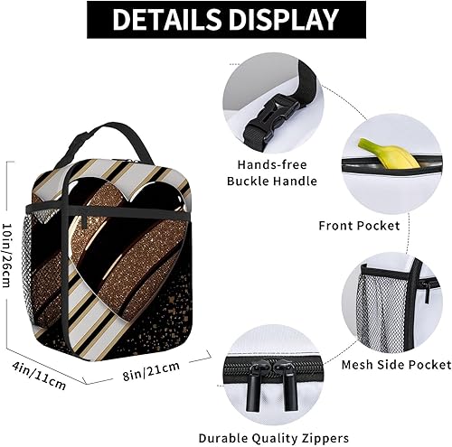 Miniatura 6 de OOZ Bolsa de almuerzo aislada para mujeres y hombres, con purpurina dorada con corazón a rayas, reutilizable, a prueba de fugas, lindas bolsas de