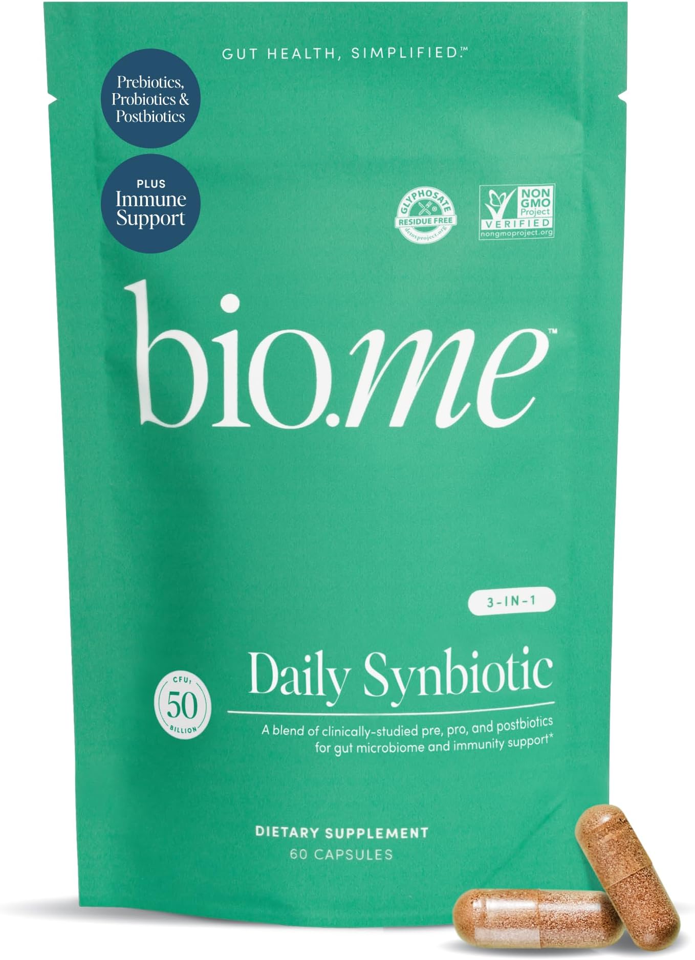 Synbiotic 3-in-1 Prebiotics, Probiotics & Postbiotics for Digestive Health, Gut Health, Immune Support & Bloating Relief for Men & Women - 50 Billion CFU Per Serving - Vegan, 60 Capsules (30 Servings)